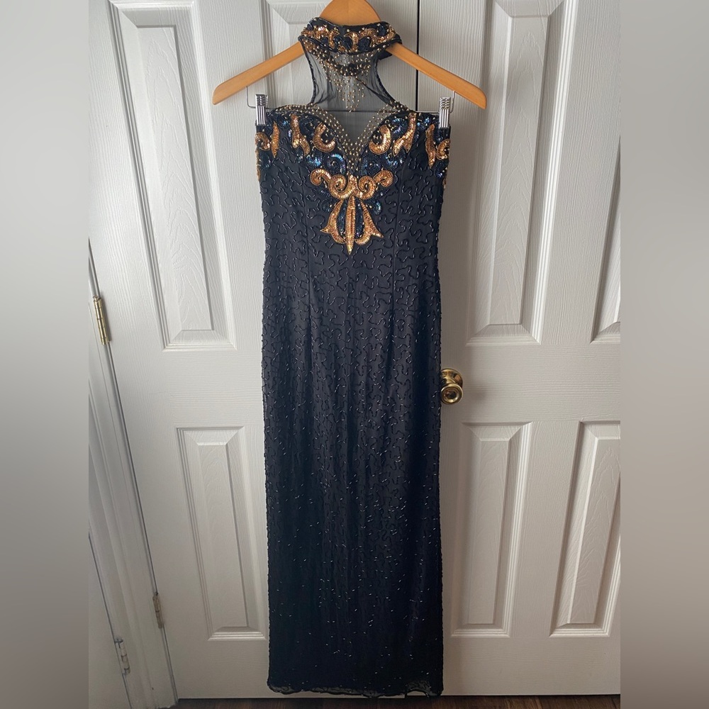 Sean Collection Black Maxi Dress with Gold Embellishment